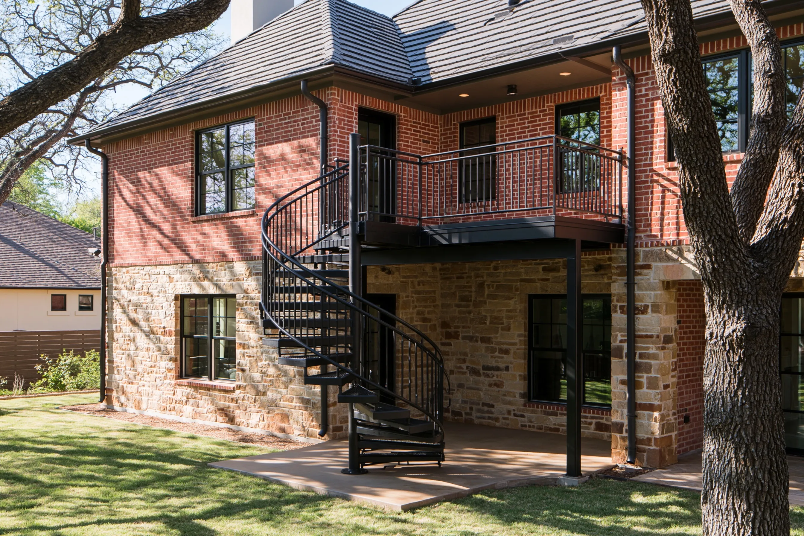 Black powder-coated steel spiral stair from a backyard patio to the second-floor balcony of a brick-and-stone two-story house